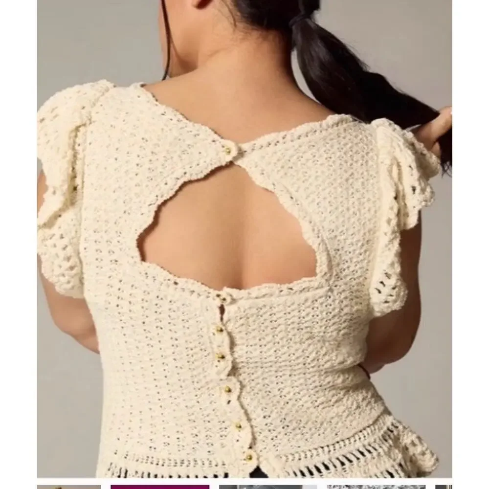 By Anthropologie Crochet Ruffle Top Shirt Sz XLP New Cream Boho Cottage $118‎